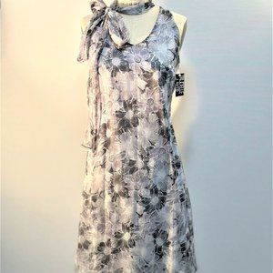 SILK CHIFFON GREY FLORAL PRINT DRESS WITH ATTACHED SCARF